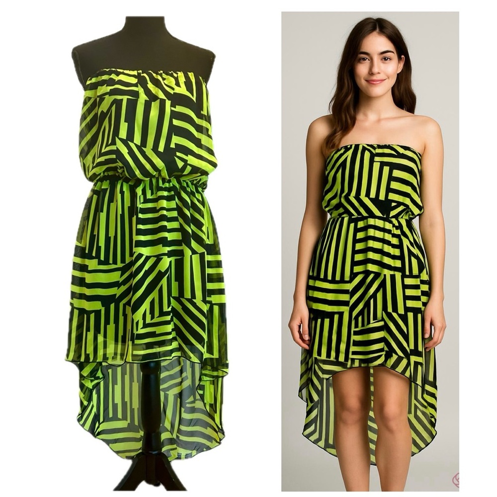Renee C lime green black strapless High-low geometric striped pattern dress Sz L